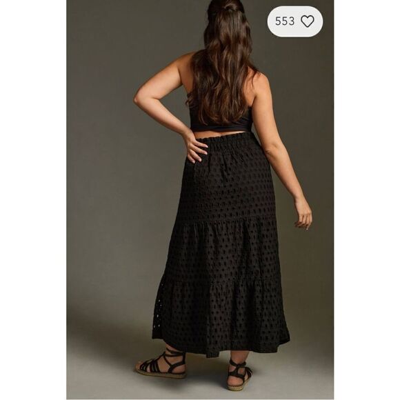 NEW Anthropologie Somerset Black Tiered Smocked Eyelet Pockets Maxi Skirt Medium - Picture 8 of 8